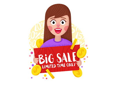 Big sale big coins discont emblem girl label money plate promo sale vector