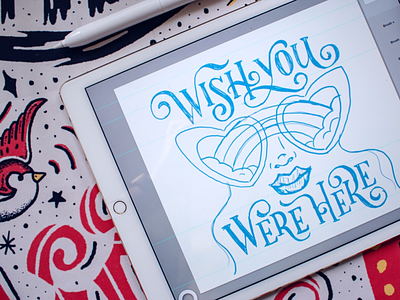 Wish You Were Here digital lettering face heart glasses illustration ipad lettering learn lettering lettering practice lips serif shades type typography
