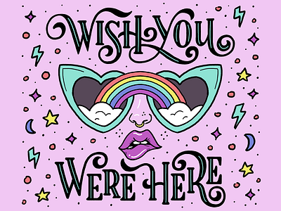 Wish You Were Here art blue clouds design digital hand lettering illustration ipadpro lettering lettershoppe lips lipstick pink purple rainbow sexy sexy girl sunglasses type typography