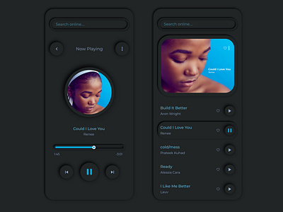 Neumorphism Music Player Dark Theme Concept.