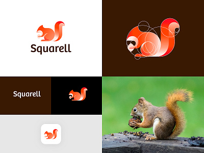 Squarell animal app branding identity clever construction consultancy fruit icon logo minimal negative space orange outline squirrel tech