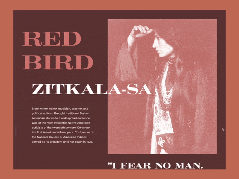 Full preview of Zitkala-Sa landing page adobe xd biography feminist heroes history inspiration landing page native american quotes timeline ui ux web design