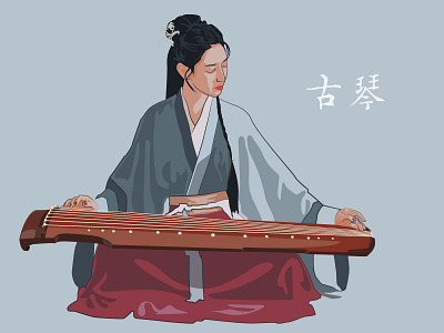 Young Woman Playing The Guqin art artwork asia asian china chinese musical instrument drawing dribbble illustration musical instrument playing poster poster art poster design string instruments