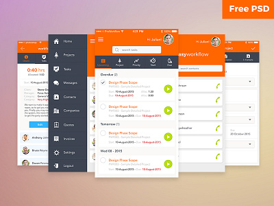 Workflow UI Free PSD app design contact free freebie interaction ios iphone manage project psd tracking ui design