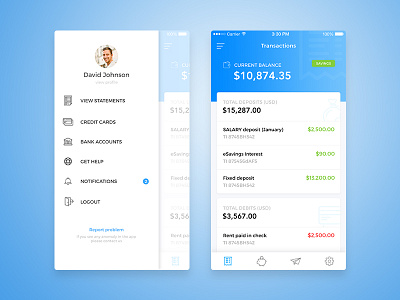 Daily UI challenge #2 app bank blue finance flat menu sidebar transactions ui ux
