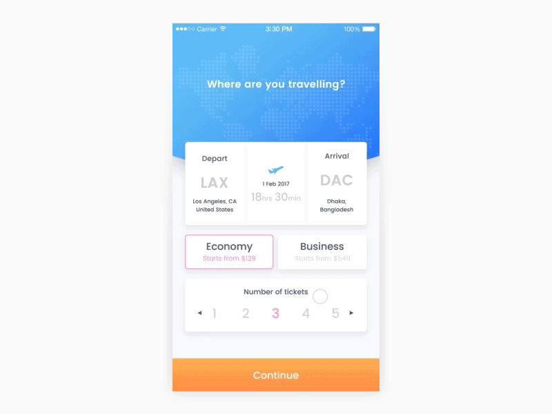 Flight booking flow animation app booking eticket flight gif interaction ios plane practice ticket ui