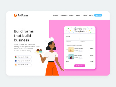 JotForm Homepage Hero Banner 3 bake form home page homepage homepage design illustration illustrator landing landing page order food order form ordering rebranding sign up