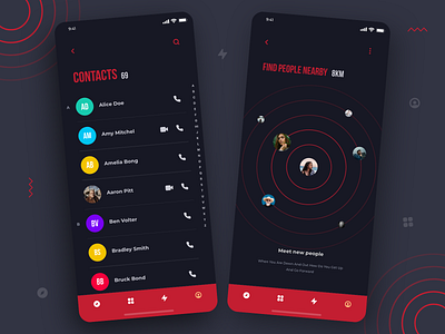 Contacts and Find People Nearby UI Concept app design best shot black and red clean design color concept concept art contact creative daily ui dailyui dark mode design illustration ios app design minimal typography ui user interface ux