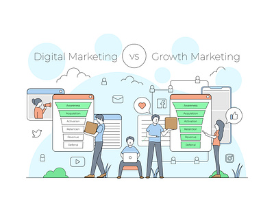 Digital Marketing vs Growth Marketing 2d design illustration ilustracion marketing minimalist vector