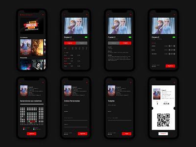 Movie Theater App (Dark Mode) | App de Cine (Modo Oscuro) 2d branding cine design movie peliculas red rojo ui vector