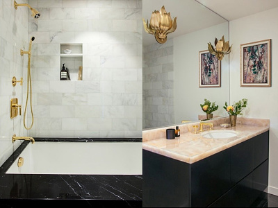 Los Feliz Apartment Bathroom aesop apartment black marble brass interior interior design los angeles los feliz waterworks