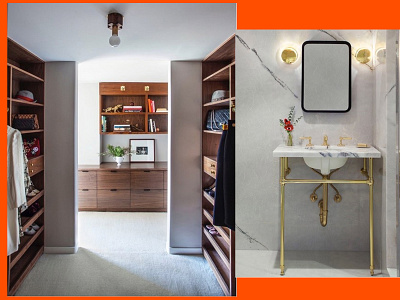 Los Feliz Apartment Closet & Vanity apartment brass design interior design los angeles los feliz marble slab walnut waterworks