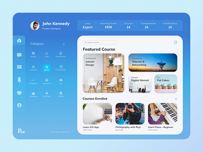 Padi Dashboard - Learn Courses Online course dashboard dashboard design dashboard ui design dribble learn learning app learning management system learning platform minimal ui