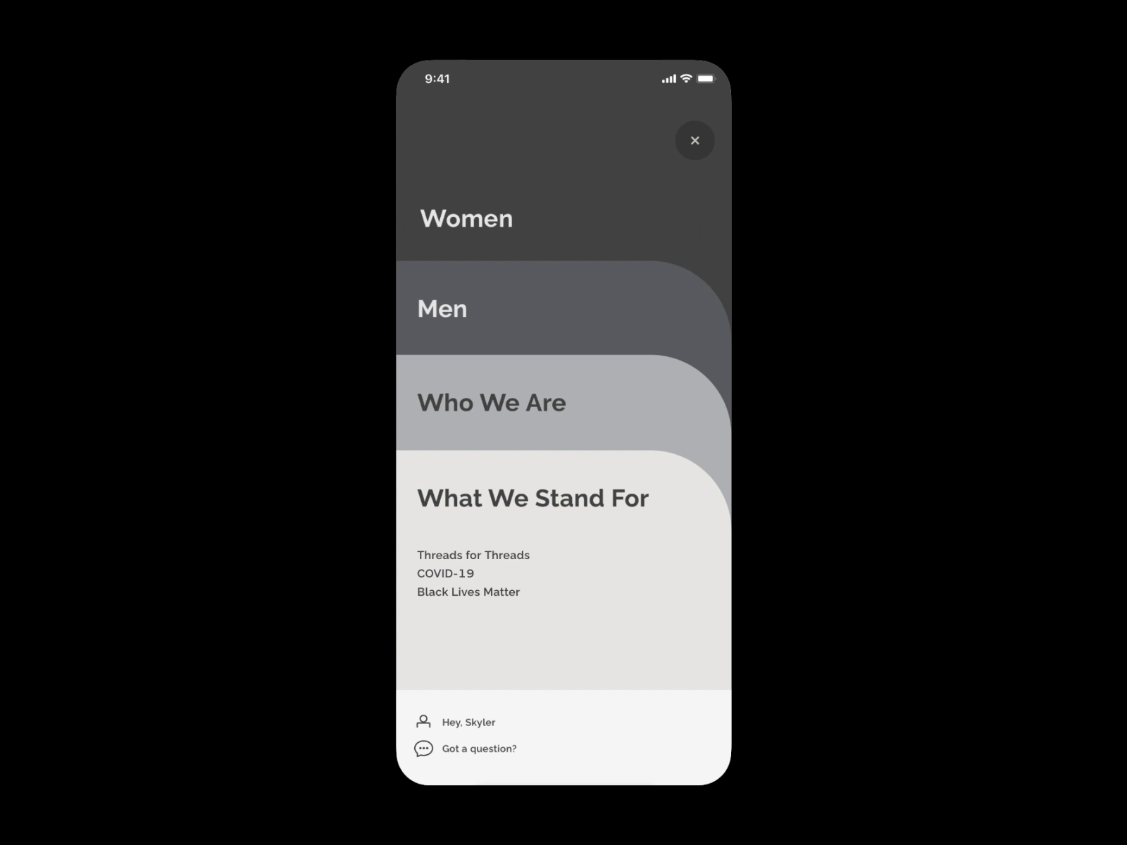 FIGS Mobile Menu Concept by Kaylin Rael for FIGS Designers United on