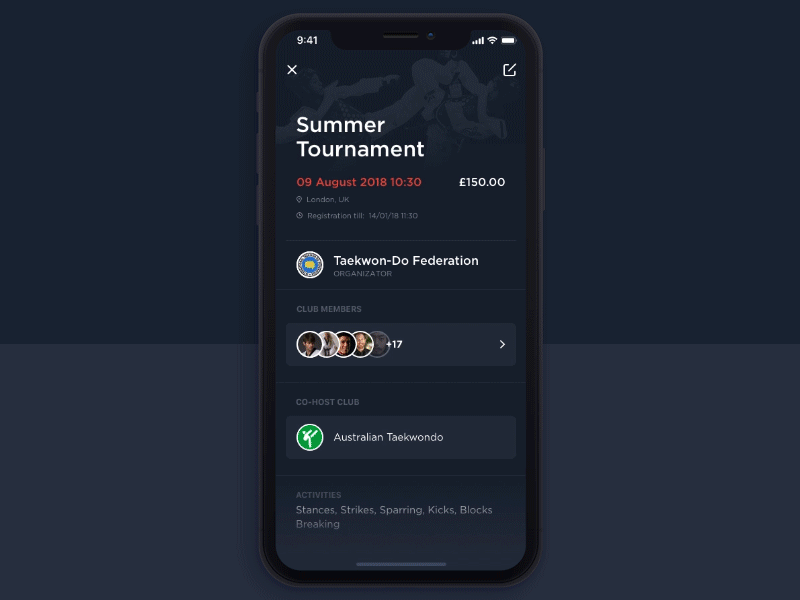 🥋Taekwon-Do Competitions Schedule — UI Animation animation application calendar dark event card ios iphone x mobile schedule sport taekwondo ui