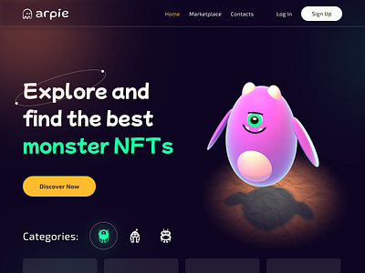 Monster NFTs store concept 3d character cute design figma herosection homepage illustration mainpage monster store ui
