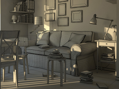 3d Living Room Wireframe 3d furnishing ikea interior design light maya modeling vray wireframe