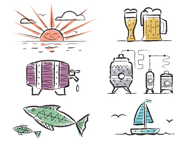 On Tap At The Tip Icons 1950 beer boat drybrush fish icon illustration poster print sun vector vintage