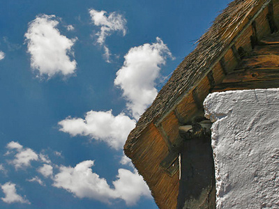 Blue sky and thatch roof black brown clue illustration pencil photography white