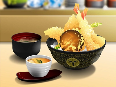 Japanese Cuisine - Tendon adobe illustrator food illustration hyperrealism illustrations japanese food tempura tendon