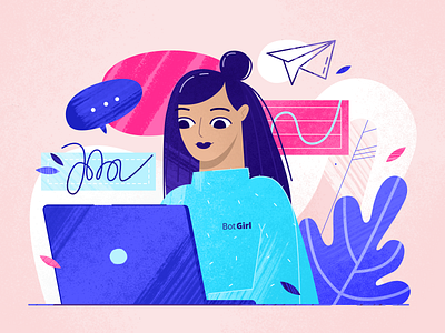 Girl with a laptop — Illustration 2d character character design clean face fashion flat girl girl character illustraion laptop minimal office onboarding online pattern plant portrait vectors work