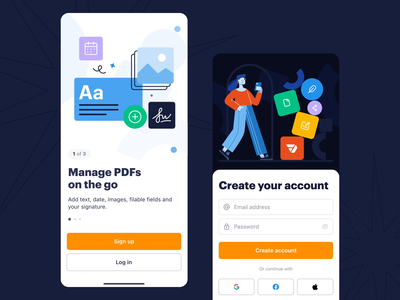 pdfFiller — Onboarding Mobile App Concept app design document form girl illustration interaction log in login mobile motion offline on the go onboarding pdf share sign in signin ui uiux