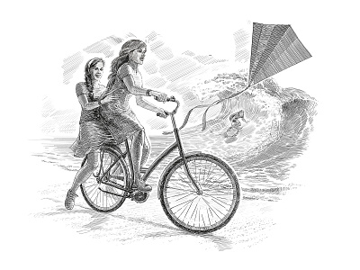 Illustration to the book of Peter Shhekalev beach bike ride graphic illustration surfing