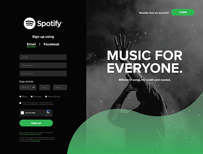 Spotify - Sign Up Page Concept app branding dailyui design eager graphicdesign hireme icon learning logo seekingjobs spotify typography ui ux vector web