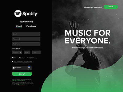Spotify - Sign Up Page Concept app branding dailyui design eager graphicdesign hireme icon learning logo seekingjobs spotify typography ui ux vector web