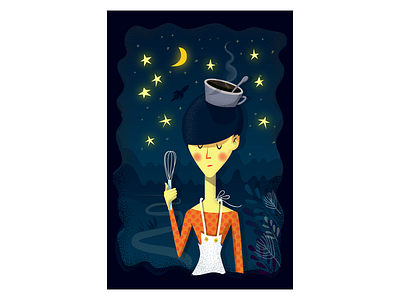 Woman cooking illustration night soup stars woman