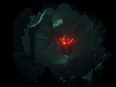 Shelob's Lair 3d cave green illustration lord of the rings lowpoly red shelob spider