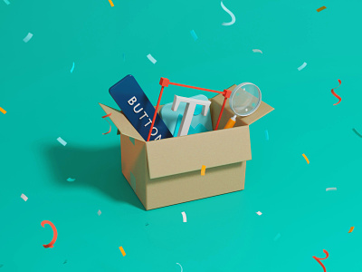 Party Box 3d 3d illustration block blue box brand confetti party party event search teal ui web