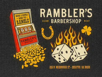 Never A Gamble branding casino dice distressed flames illustration luck matchbook matches procreate slot machine typography vintage