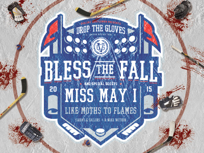 Brawl admit badge band blood gloves hockey poster puck sports stick tour typography