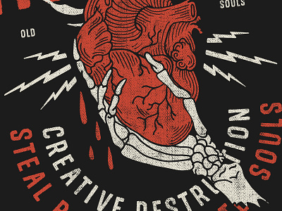 Creative Destruction blood bones hand heart illustration lightning skeleton typography veins