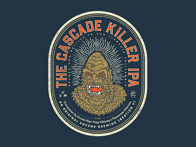CASCADE KILLER alcohol beer bigfoot brew drawn hand illustration ipa label sasquatch vintage