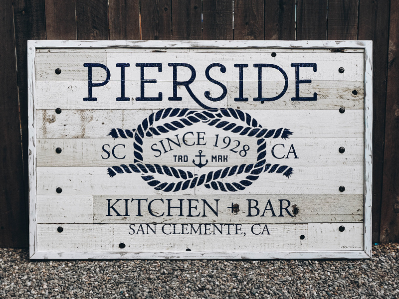 Pierside Signage restaurant classic distressed logo branding vintage illustration typography handmade wood hand painted reclaimed signage