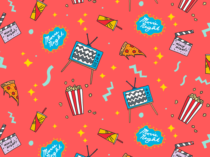 Movie Night Pattern digital drawing popcorn pizza movie tv food hand drawing icons illustration