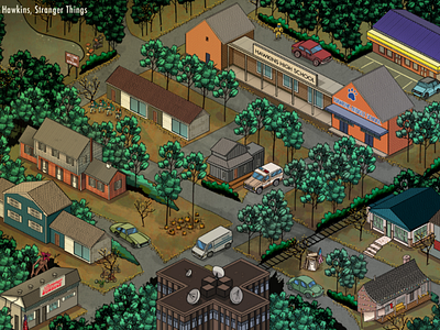 Stranger Things - Map of Hawkins advertising architecture design detail illustration isometric map pixel art stranger things tv show