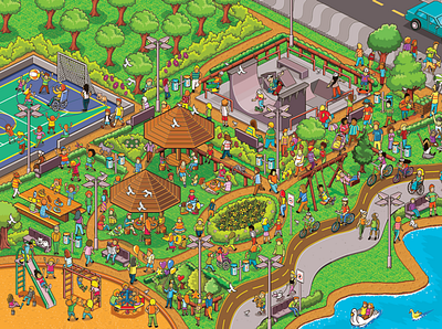 Weekend at the Park for Moderna's Children Book advertising cities detail editorial infographic isometric isometric art landscape map park pixel art seek and find seek and find sports weekend where is waldo where is wally