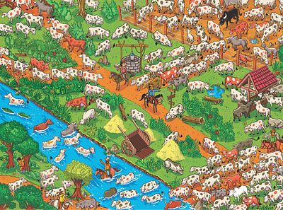 Seek and Find: Cows! for Moderna Publishing advertising cows detail farm horse infographic isometric isometric art landscape map pixel art where is waldo where is wally