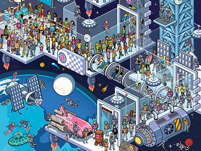 Space Station - Atrevida Magazine advertising cities detail infographic isometric isometric art landscape map pixel art seek and find where is waldo where is wally