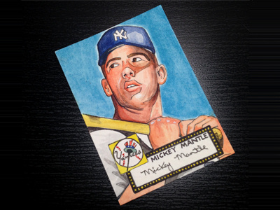 Illustrated Mickey Mantle Baseball Card baseball baseball card blue card illustration mlb trading card vintage watercolor yellow