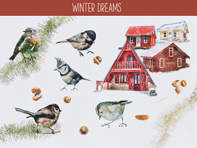 winter dreams branding card christmas clipart design elements illustration scrapbooking sticker watercolor style winter mood