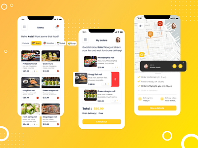 Food Delivery App app checkout delivery deliveryfood design drones food foodapp mobile orders sushi roll ui uidesign ux