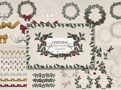 Cristmas collection "Holly leaves" bows brushes christmas garland holiday holly leaves illustrations stars vector vector brushes wreaths