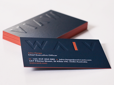 WAIV blue branding business cards deboss edge print emboss identity letterpress logo orange print typography
