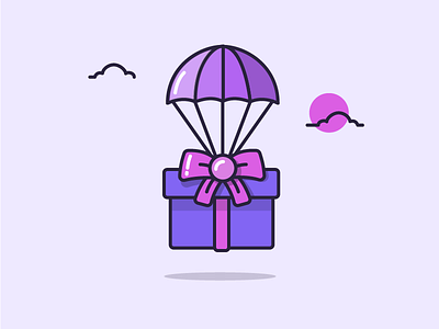 Illustration - It's on its way! balloon clouds gift illustration outline present purple