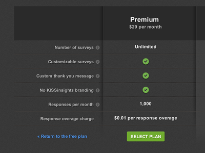 KISSinsights premium pricing page