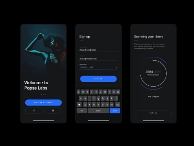 Popsa Labs Onboarding Samples android app black branding dark mode design ios layout loading minimal mobile onboarding photo product responsive technology ui user interface ux